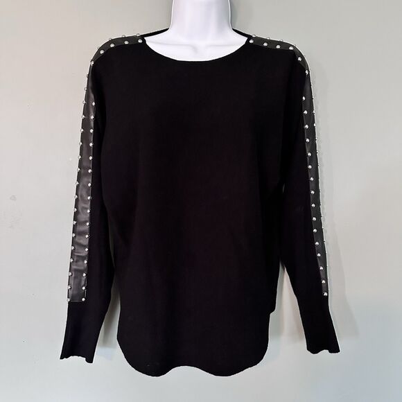 Sioni Milano Sweater Womens L Black Faux Leather Silver Studs Soft Mobwife Edgy - Picture 2 of 8